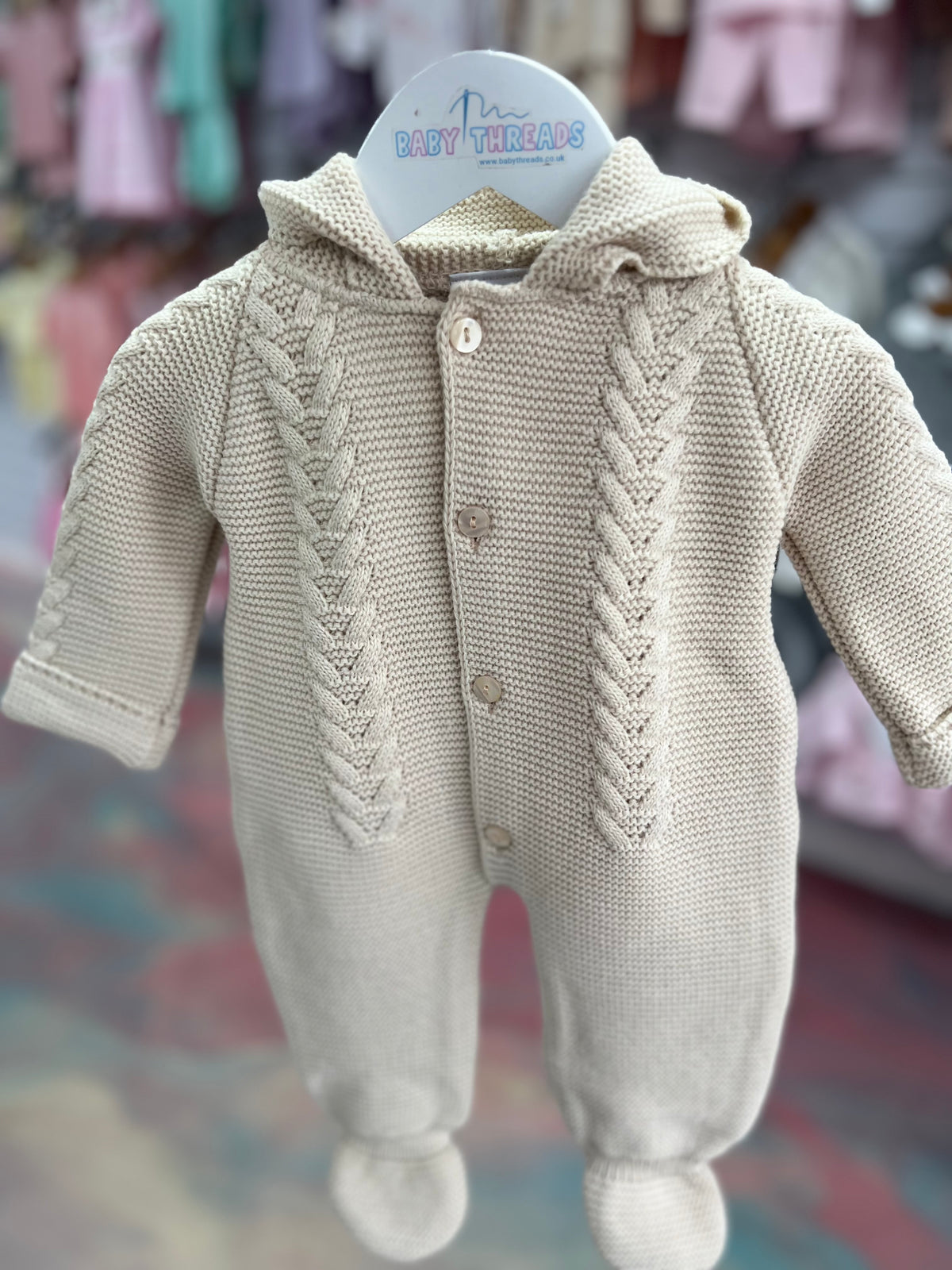 Knitted hooded Biscuit pramsuit