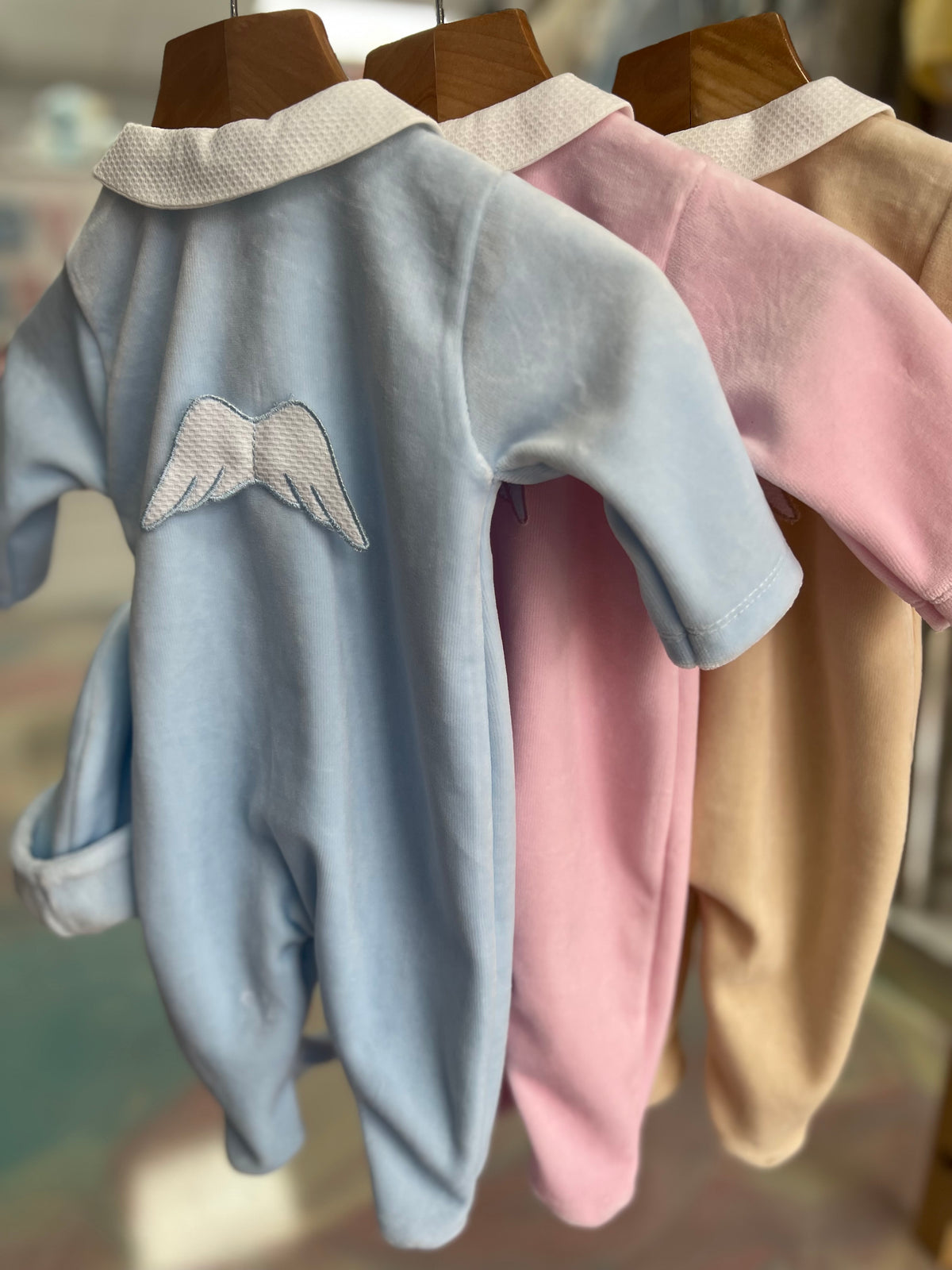 Angel wings blue velour sleepsuit